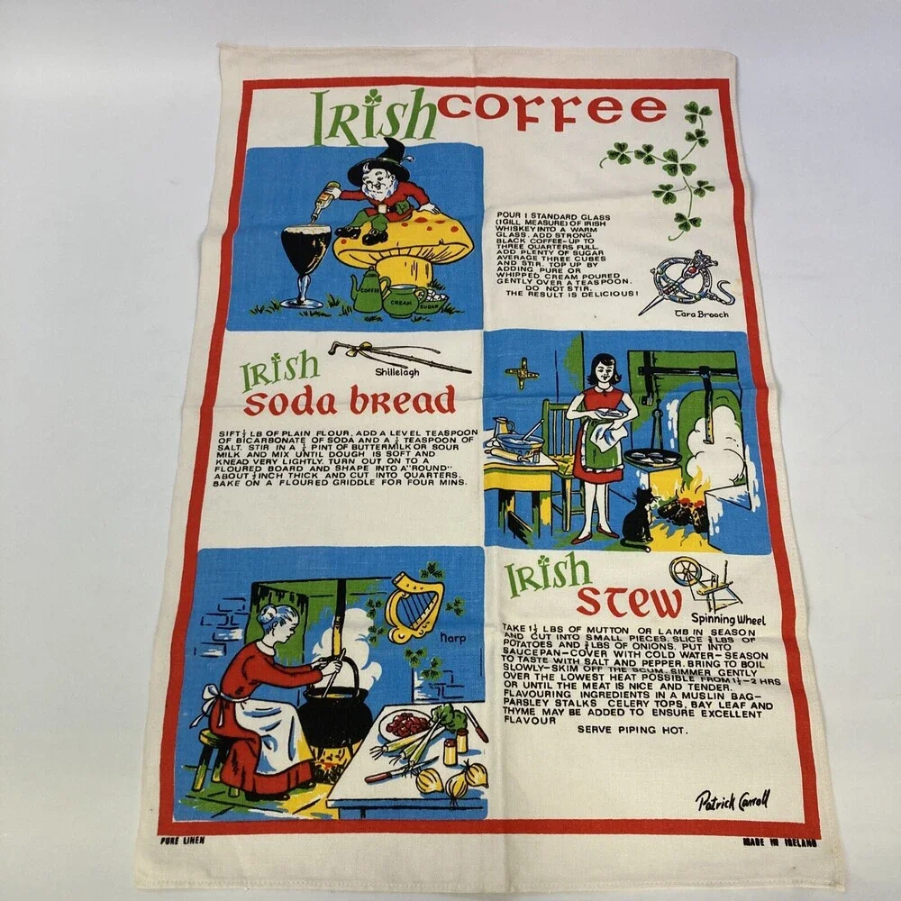 VTG 100% Linen Irish Tea Towel - Coffee Recipes & Elf Soda Bread Design